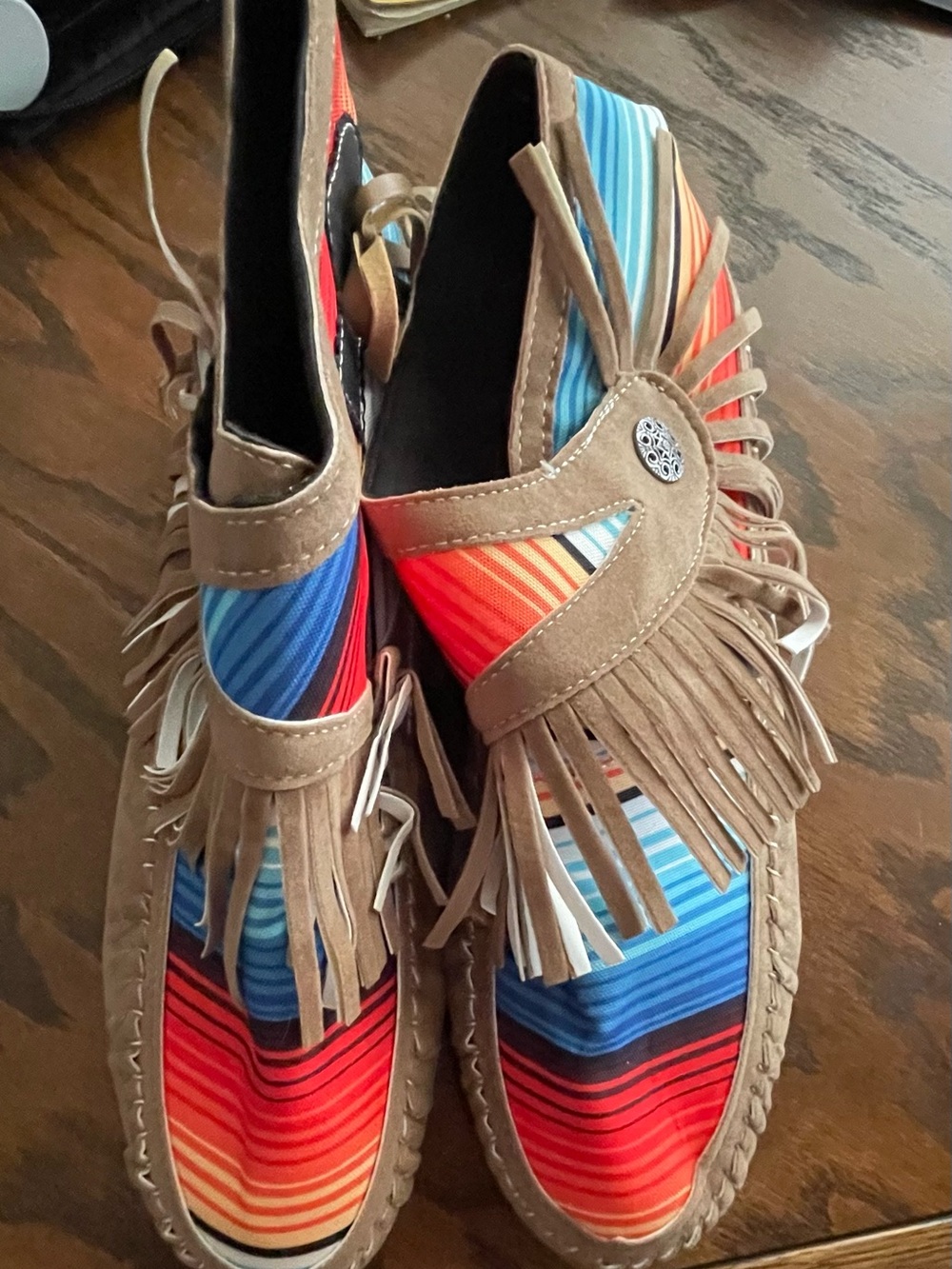 Striped Multicolor Fringe Moccasins in Tan Suede